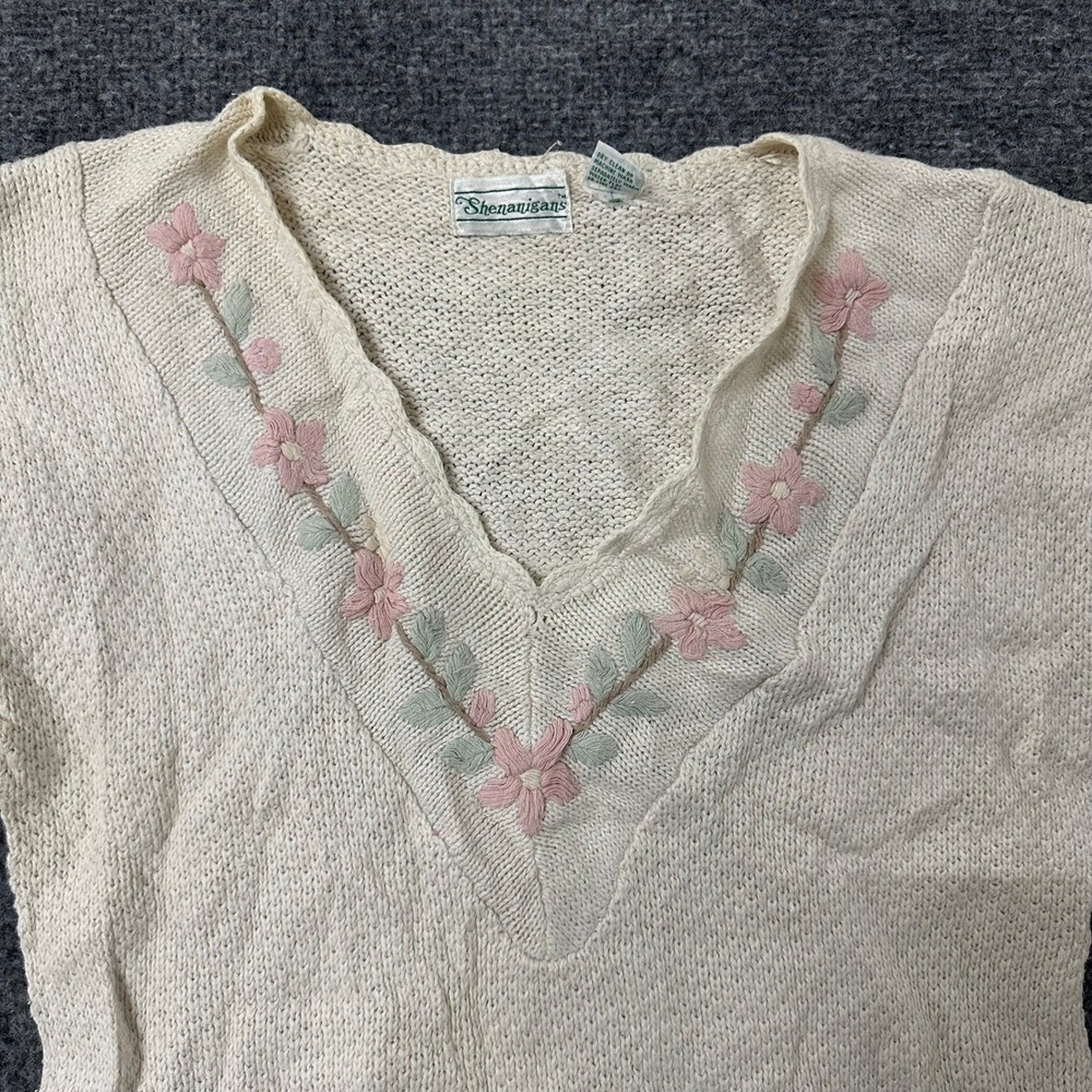 Shenanigans Sweater Vest Womens Size M Ivory Ramie Cotton Floral Knit V-Neck